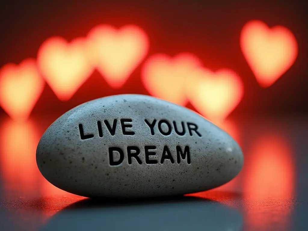 A smooth, oval stone sits centrally in the image, prominently featuring the phrase "LIVE YOUR DREAM" beautifully engraved on its surface. The stone is placed on a shiny, reflective surface that adds a touch of elegance. In the background, there are vibrant bokeh lights shaped like hearts, glowing in a warm and inviting way. The heart-shaped lights vary in color, creating a lively, dream-like atmosphere. This arrangement aims to evoke feelings of inspiration and positivity, inviting viewers to embrace their aspirations.