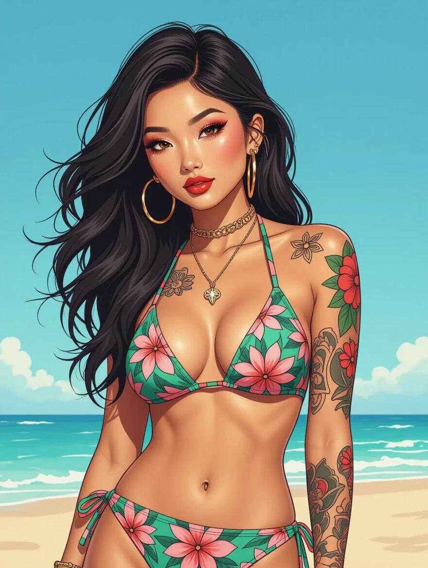 A tropical beach scene with a confident model wearing a floral bikini. The model has long, wavy hair and striking tattoos on her body. Bold makeup accentuates her features. The style is cartoonish and vibrant with an upbeat summer vibe.