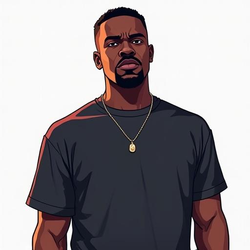 Black male character in solid color t-shirt. Character facing the camera with no shadows. Bright light highlighting the full frontal view. Digital illustration style inspired by Grand Theft Auto. Character design features no accessories or jewelry.
