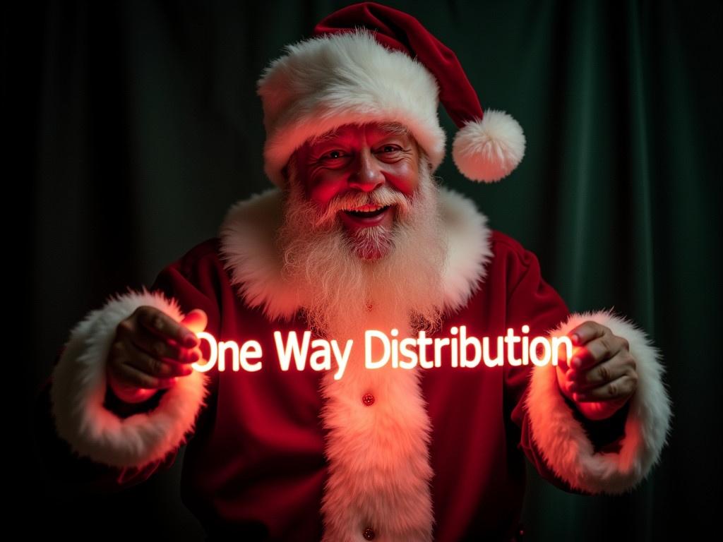 Santa Claus in a red and white suit holds a glowing sign. The sign says One Way Distribution. Cheerful expression on Santa. Dark background enhances glowing text. Scene reflects Christmas magic and joy.