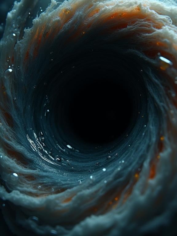 A swirling black vortex features faint ghostly shapes disappearing into it. The background is vibrant and eye-like. Subtle text 'BLIND SPOT' fades in. The image appears surreal and mysterious with high resolution.