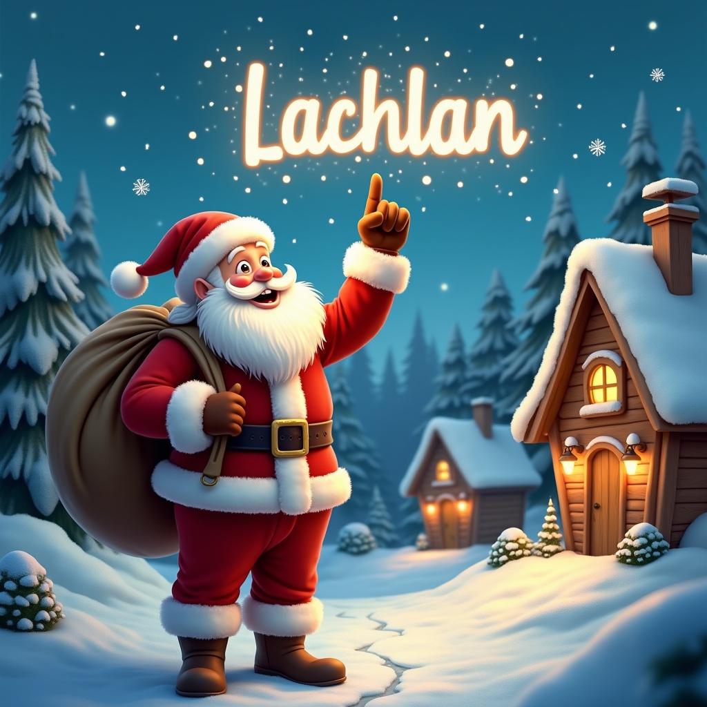 In this enchanting winter scene, Santa Claus stands joyfully in a snowy village. He is dressed in his iconic red suit, complete with a fluffy white beard and a large sack over his shoulder. Santa is pointing up at the sky, where he magically writes the name 'Lachlan' with glowing light. Snowflakes gently fall around him, adding to the festive atmosphere. In the background, charming wooden houses with warm lights are surrounded by evergreen trees. This scene embodies the wonder of the holiday season, inviting feelings of happiness and nostalgia.