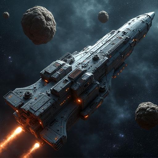 Top-down view of a galactic freighter flying among floating asteroid rocks