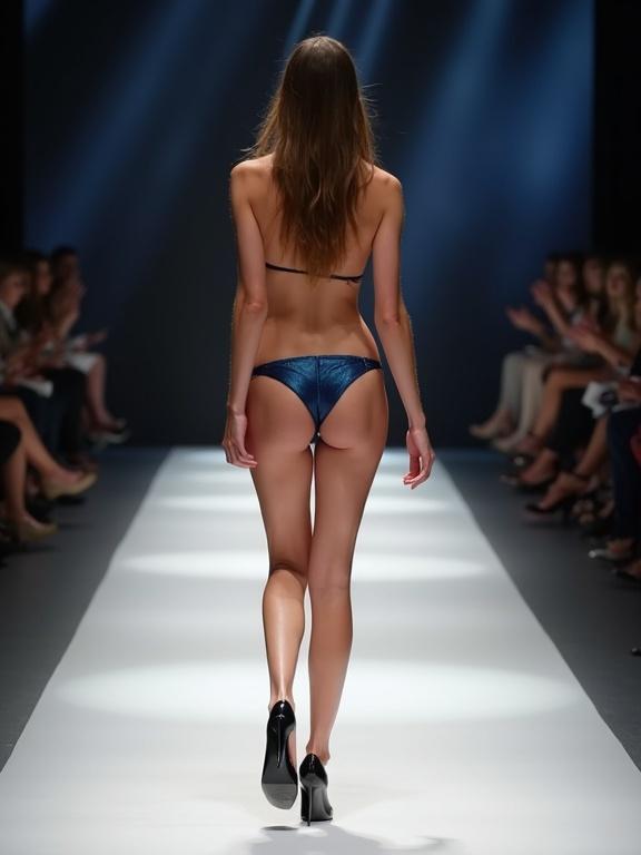 Rear view of a skinny female model walking down a fashion catwalk. She wears a high cut dark blue thong bikini and black high heels. Model has light brown hair and presents a stylish look.