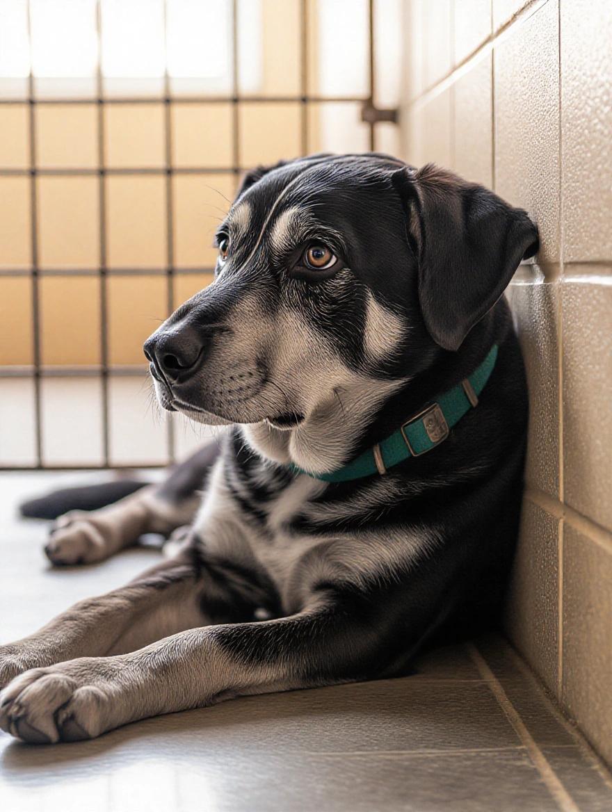 A sad dog inside a kennel in an animal shelter, lying down with sad eyes, looking away, moody lighting, vertical orientation, emotional photorealism