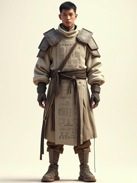 Character design of a cybernetic Yakutian man in futuristic armor. The armor has traditional Yakut patterns and geometric embroidery. The character has human features with short black hair. 3D CGI illustration with clean lines. Soft diffused lighting against a light beige background. Includes a technical schematic overlay in muted tones.