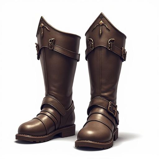 A pair of armoured boots designed for ARPG style assets. Boots have a shiny brown exterior with buckles and straps. The background is transparent.