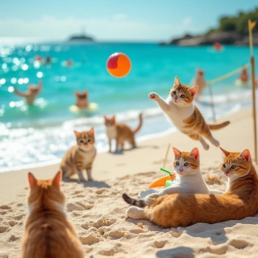 Hyper-realistic photo of a lively beach scene with cats and kittens. Turquoise waters and golden sand dominate the landscape. Cats sunbathe play and relax creating a vibrant atmosphere. Beach volleyball features teams of cats spiking a ball mid-air. Some swim in clear waters with floaties. Sunglasses-wearing felines recline on sunbeds drinking colorful beverages. Kittens build sand castles while others chase waves and play frisbee. Ultra-detailed textures highlight individual sand grains sunlight refracting through waves and wind-ruffled fur.