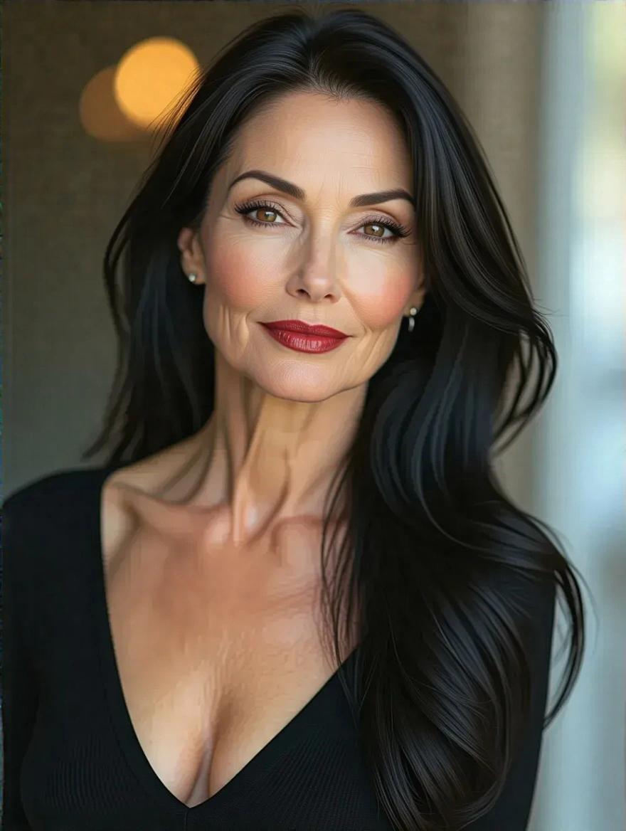 A glamorous woman in her forties appears ten years younger. She has long, smooth, shiny black hair and slight wrinkles. Sophisticated makeup accentuates dark, intense eyes and red lipstick. Wearing a tight black top, she exudes sweetness, confidence, and glamour. An aesthetic and captivating image with a focused expression that draws attention.