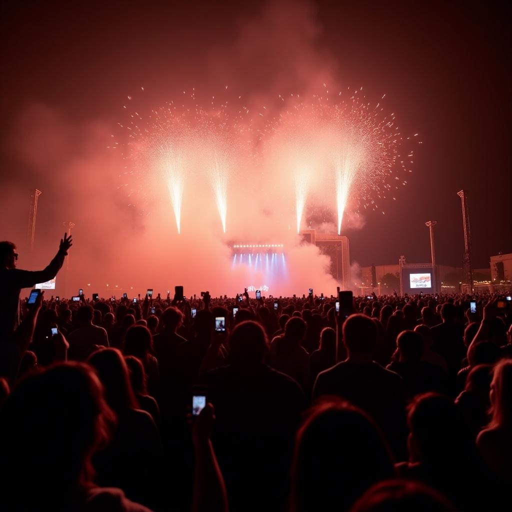 A vibrant concert scene filled with a large crowd enjoying a live performance. In the background, magnificent fireworks burst into the sky, creating an exciting atmosphere. Many attendees are capturing this memorable moment on their phones, adding to the lively vibe. The stage is illuminated, drawing focus amid the darkness of the night. The combination of the crowd's excitement and the stunning fireworks creates a breathtaking spectacle.