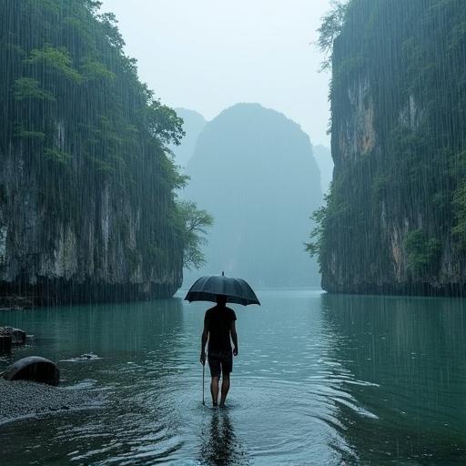 Rain falls in Halong Bay with cliffs surrounding. A person stands in water holding an umbrella. The scene is tranquil and atmospheric.