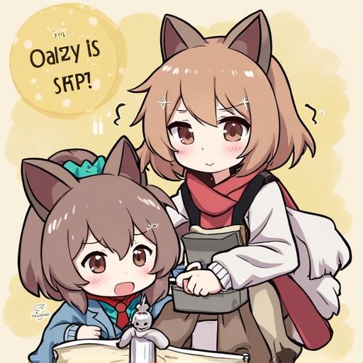 Two cute characters with cat ears in chibi style. One character holds a book and the other looks cheerful. Background is light and playful.