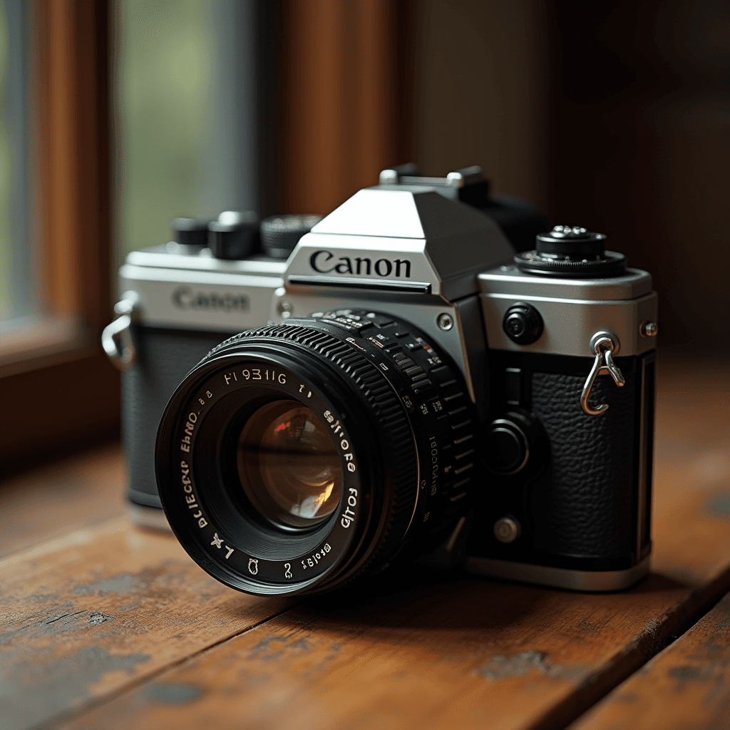 A Canon film camera with a large lens sits on a wooden surface in soft natural light.