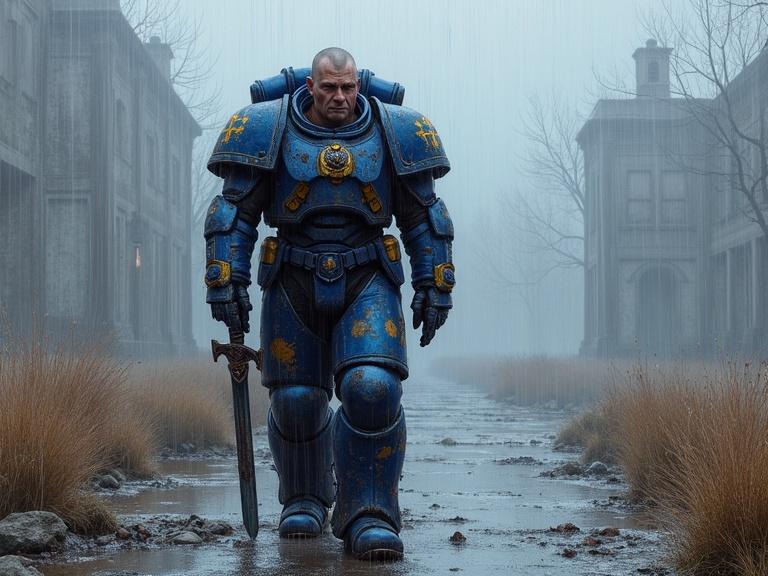 Detailed depiction of veteran super-soldier captain in cobalt-blue power armor. Heavy weariness and age show through his physique and expression. He limps while holding a power sword and boltgun. Background features rain-soaked ruins. The atmosphere conveys profound sadness and shattered faith under a toxic sky.