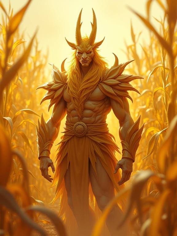 An anthropomorphic golden corn fighter stands in a field of corn. The character is muscular and wears ornate, nature-inspired armor. The setting has dramatic lighting with backlit corn stalks. A painterly anime style is evident. The image is hyper-realistic and features high detail and ultra resolution.