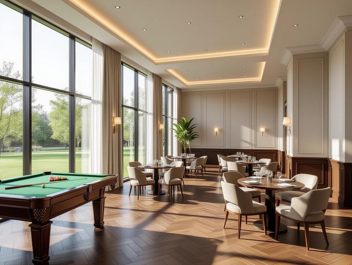 Luxurious gathering hall wide-angle view. Spacious room with elegant round tables and stylish snooker table. Modern interior with ambient lighting. Large floor-to-ceiling window shows green lawn. Premium wooden floor. Refined textures and calm tones. Contemporary architecture with realistic lighting and shadows.