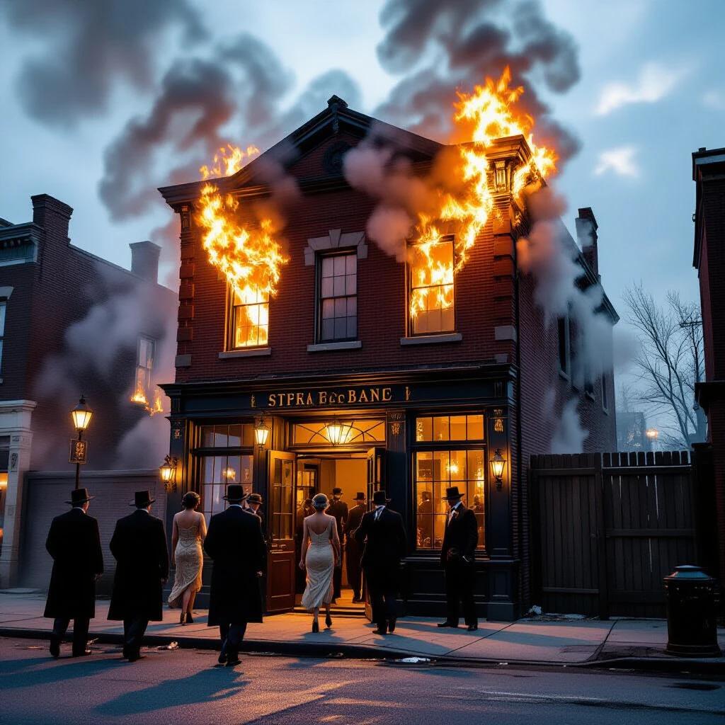 Scene set in the 1920s. A Speakeasy is in view with a building on fire next door. Mobsters hide evidence while guests are discreetly guided through hidden exits. Highly realistic depiction of chaos and urgency.