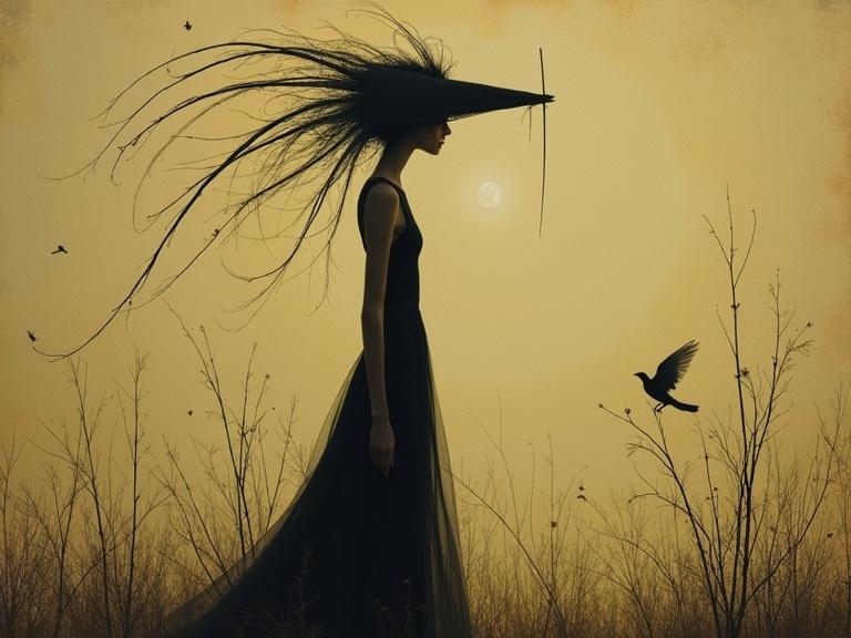 A beautiful skinny woman stands in a field at dusk. She wears a dramatic long black dress and a tall cone-shaped hat. A bird flies nearby in a soft golden light.