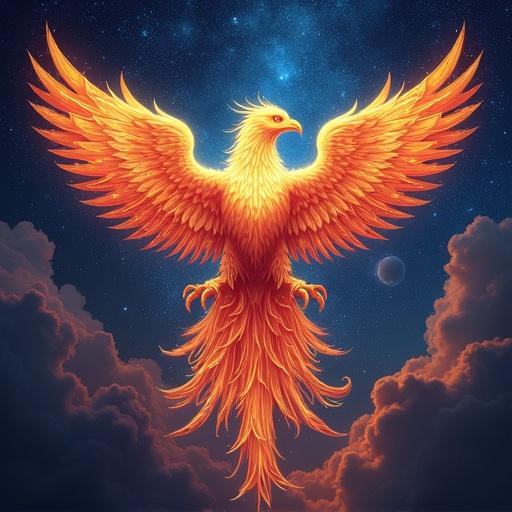 Design of a cosmic phoenix with fiery wings. Suitable for prog rock music branding.