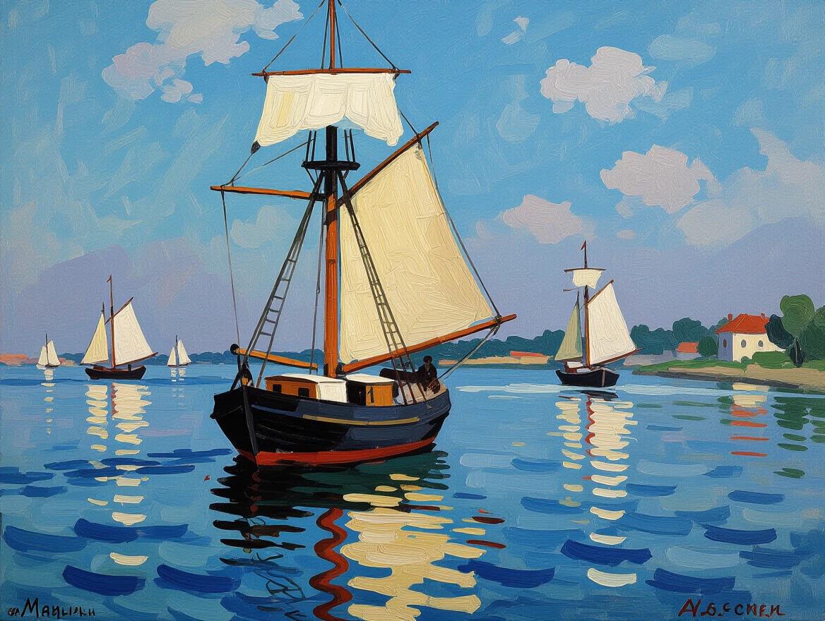 Oil painting featuring several sailing ships on a reflective water surface. Distinctive brush strokes enhance the dynamic waves and sails. The scene captures a bright day with a vivid blue sky and soft clouds.