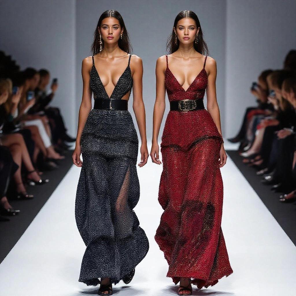 Two models walk down a runway wearing black and red glossy dresses. The setting features an audience dressed in formal wear. The dresses are elegant with dynamic designs. Bright stage lighting highlights the models.