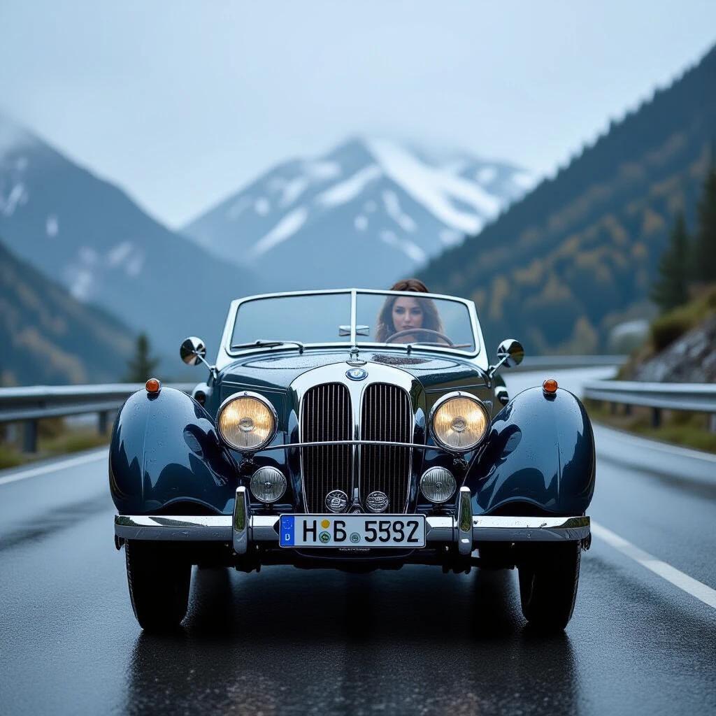 Ultra realistic photograph of a 1937 BMW 328 sports car. Shot on a mountain road. Rain droplets on windshield. Chrome details gleaming. Headlights cutting through mist. Wet asphalt reflecting surroundings. Winding Carpathian mountain backdrop.