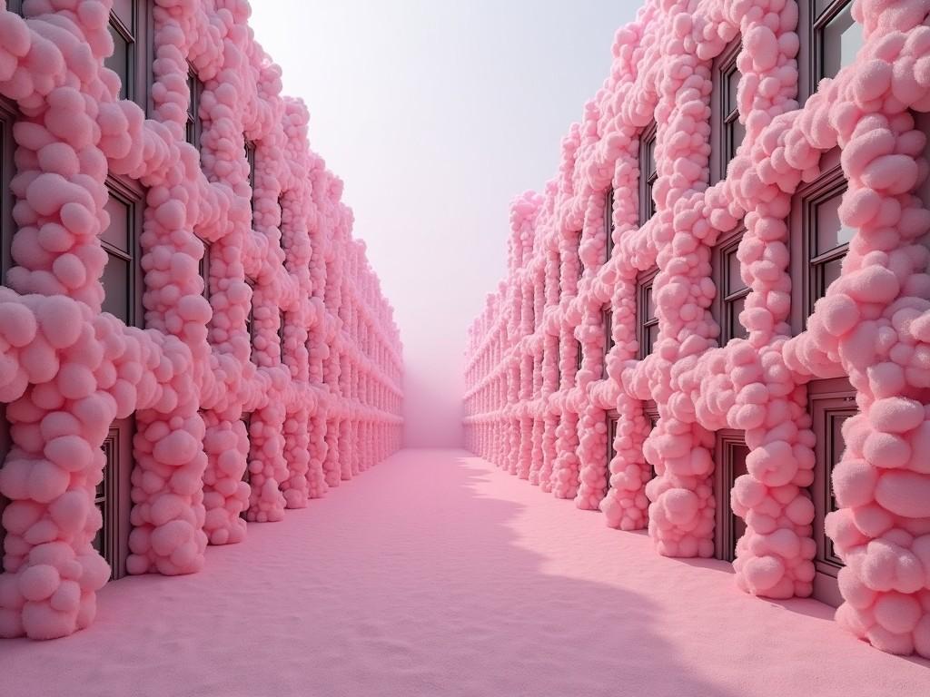 A surreal architectural image with buildings covered in fluffy, soft, pink textures resembling cotton candy or foam, creating a whimsical and dream-like appearance.