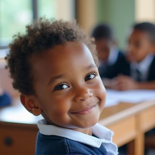 A young boy smiles in a classroom setting with peers in the background. The atmosphere is bright and engaging, suggesting a positive educational environment.