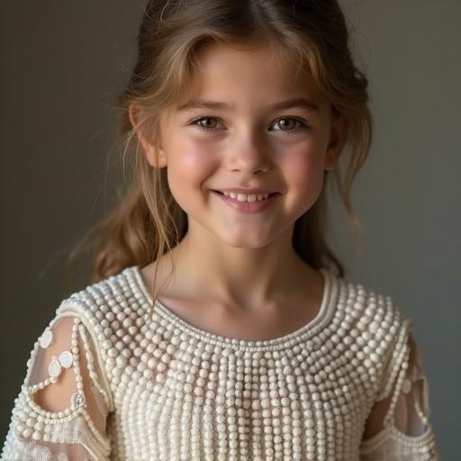 A young girl wears a top made with white beads. The top features unique bead designs. The background is softly blurred to keep focus on the beads. The lighting is natural and soft.