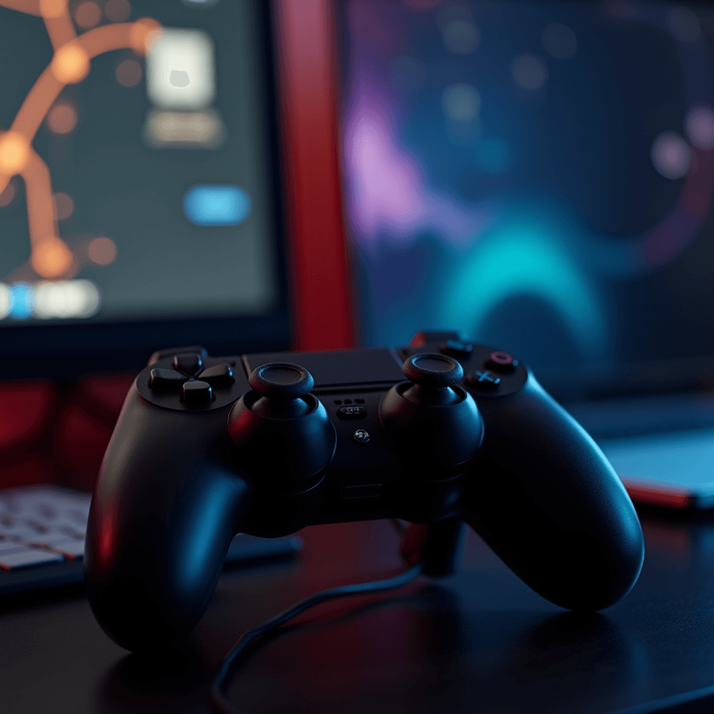 A gaming controller on a desk with monitors in the background displaying colorful visuals.