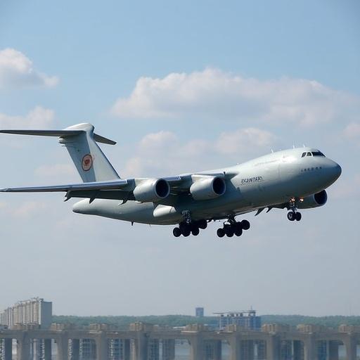 Military transport aircraft An-178-100R flying above the landscape. Clear sky with some clouds. The aircraft is landing. The view is from the side showing its wings and fuselage.