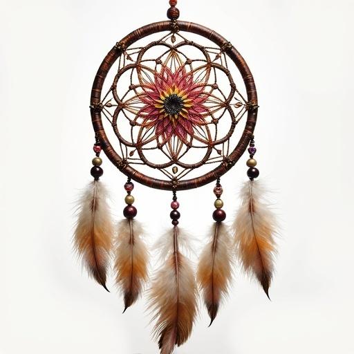 Image of a dreamcatcher featuring beads feathers and floral patterns. The design embodies a bohemian style and natural aesthetic.