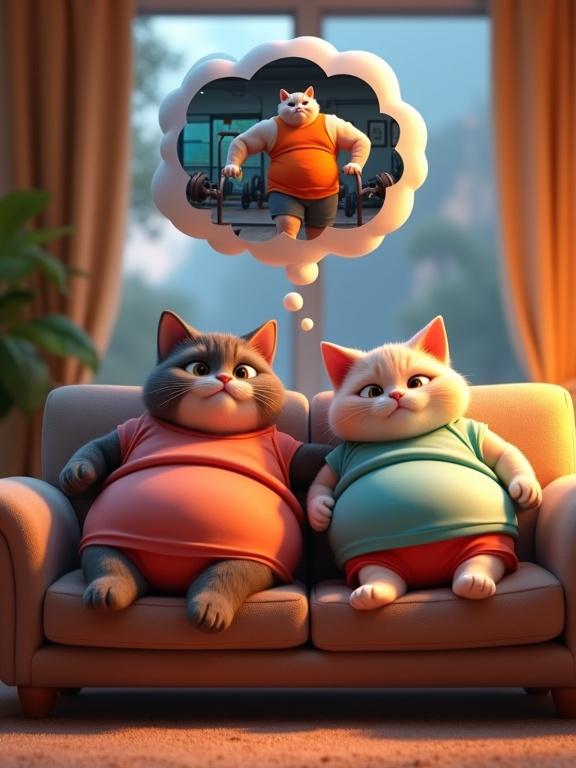 Two anthropomorphic cats lounge on a sofa. They wear colorful gym clothes. A thought bubble shows their idealized selves working out. The room has soft lighting that contrasts with a vibrant gym scene in the bubble.
