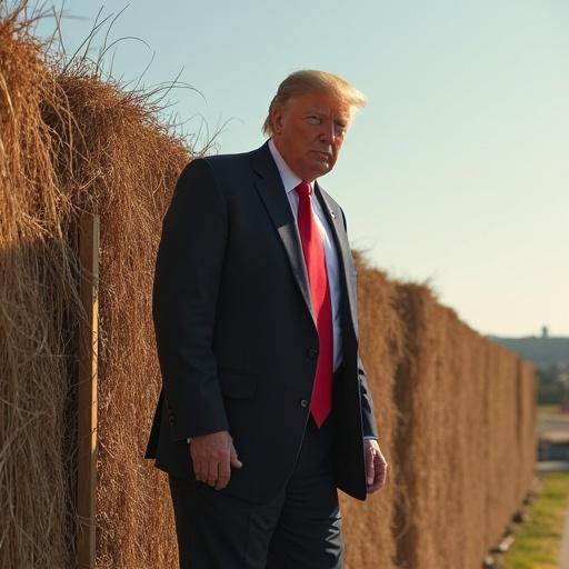 Man in a suit standing next to a wall. Background has a construction site theme. Focus on the symbolism of wall construction in politics.