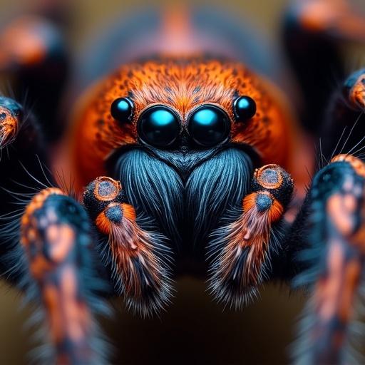 High definition macro photograph showcasing a tarantula's face with vibrant deep colors and intricate details. Focus on textures and features in a professional manner.
