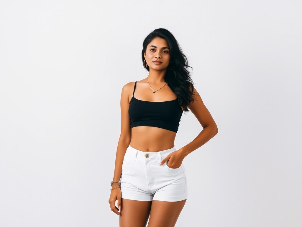 A woman in a black crop top and white shorts poses against a plain background.