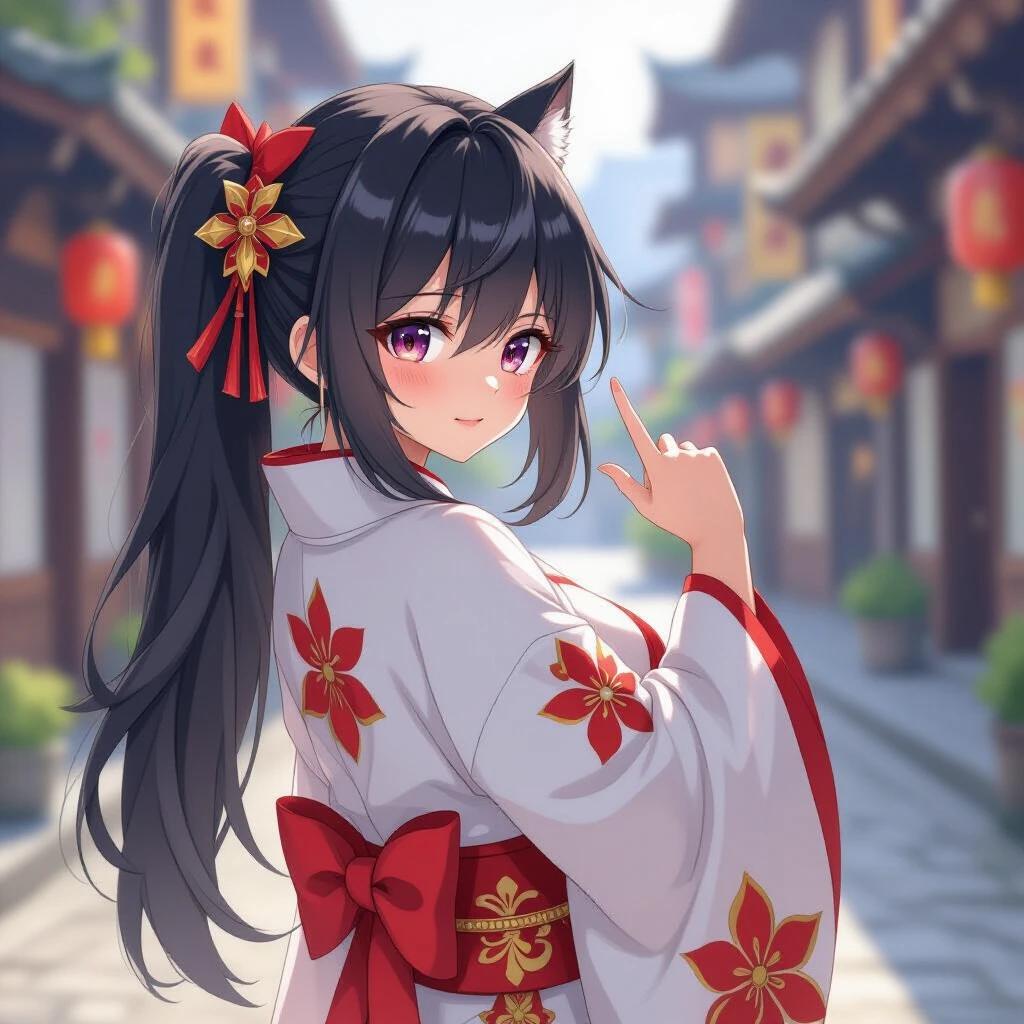 Girl with traditional outfit in cosplay. She stands with her back to the camera. Head is turned looking back with a finger to her lips. The scene is set in a vibrant, picturesque street. Use a low angle for the shot.