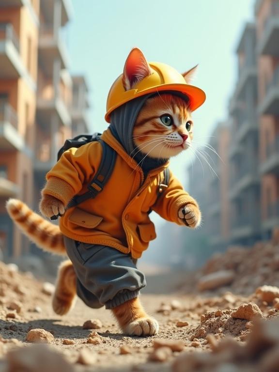 Realistic cat wearing helmet and clothes running on a construction site profile view in motion Genba Neko style