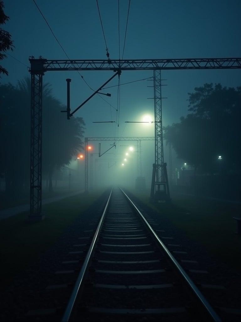 Foggy railway station at night in December in Bangladesh. Dark and moody atmosphere with illuminated lamps. Tracks lead into thick fog, creating a sense of mystery.