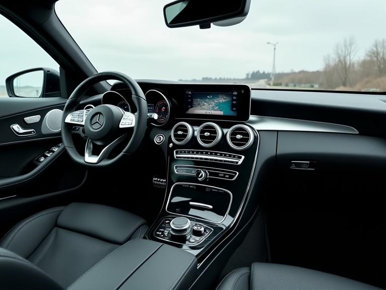 Interior view of a Mercedes-Benz car from driver's perspective. High quality and modern design with black leather seats and steering wheel featuring the Mercedes emblem. Dashboard displays digital navigation screen. Center console includes controls with gear shift on the right. Air vents and buttons visible. Side door panel features handle and controls. Color scheme is black and grey with blurred exterior background. Realistic textures highlighted under overcast lighting.