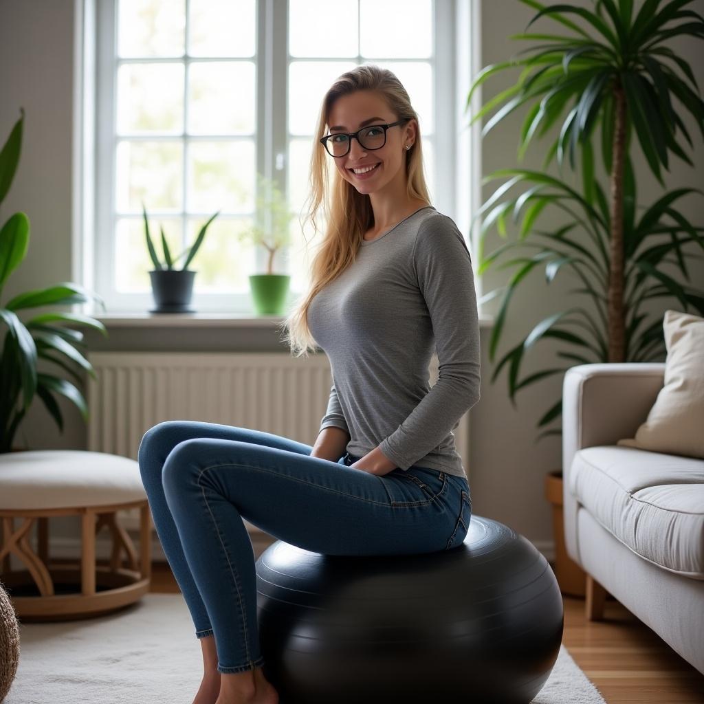 In a cozy Danish living room, a beautiful young woman sits on an underinflated shiny black exercise ball. She wears a long-sleeved gray shirt and tight jeans, highlighting her curves. With a smile on her face, she exudes confidence and happiness. Her long blonde ponytail cascades down her back, and she wears stylish glasses. The room is decorated with plants and soft furnishings, creating a warm, inviting atmosphere. This scene captures a moment of joy and wellness in a stylish home setting.