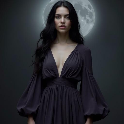 A graceful and enigmatic woman stands beneath silver moonlight. Eyes reflect gentleness and power. Expression is calm and calm with quiet intensity. Skin is pale and glowing. Long dark hair flows over shoulders. She wears a layered dark violet and charcoal grey dress. Fitted at the waist hinting at her silhouette. Fabric drapes like shadows. Her stance is confident and poised without being overt. The background is dim and minimal, enhancing her mystique.