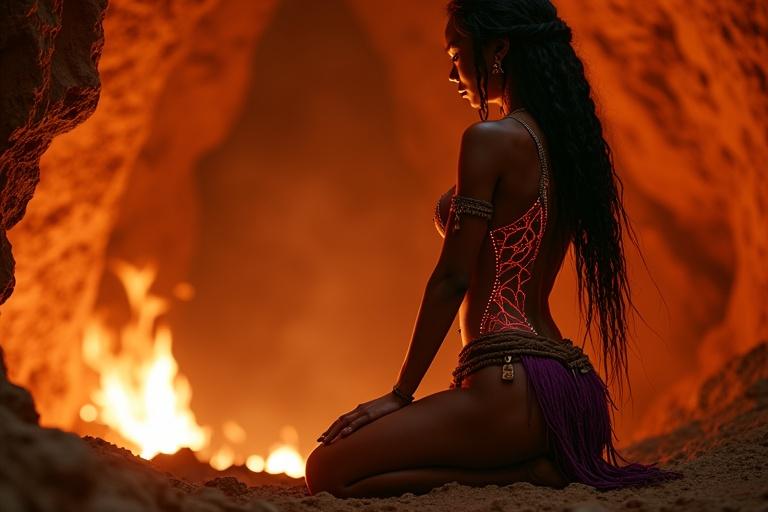 Within a glowing lava cavern, a tall humanoid kneels before a flame altar. Firelight dances across the cavern walls. Tattoos are illuminated as she communes with an ancestral spirit.