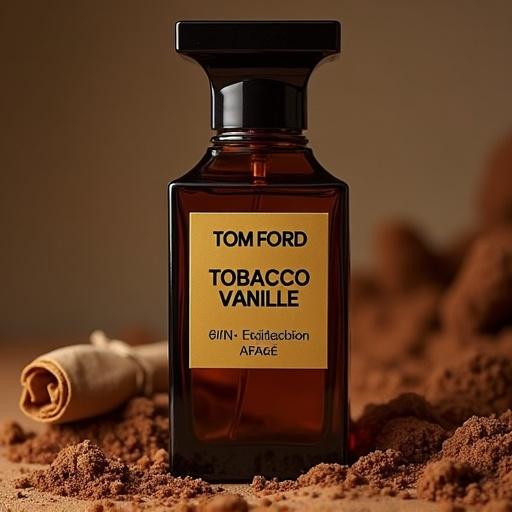 Tom Ford Tobacco Vanille fragrance displayed in a 100 ml bottle. Bottle set against a background of aromatic tobacco shavings and vanilla sticks.