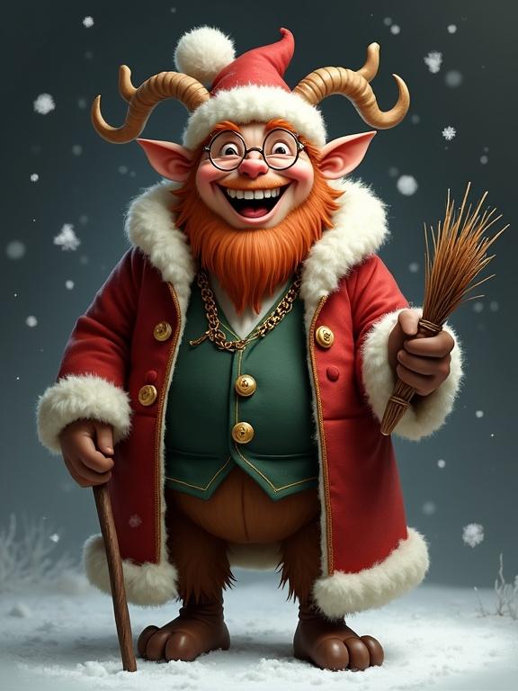 Fantasy character with holiday clothing. Smiling in snowy background. Furry legs, cloven hooves. Light skin tone, reddish-brown beard and mustache. Pointed ears, wearing a red Santa hat. Curved brown horns on head. Round glasses, wrinkles around eyes. Dark green vest with gold chain. Red coat with white fur. Holding a bundle of twigs in right hand. Left hand holding a dark brown walking stick. Snow-covered ground with large snowflakes falling.