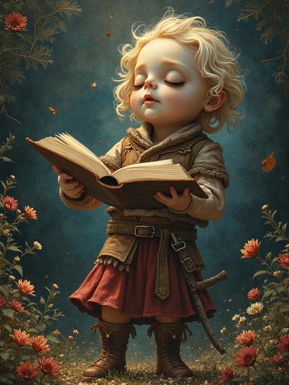 A child with curly hair reading an open book. She wears a tunic and skirt with mid-calf boots. Surrounded by colorful flowers and a magical background.