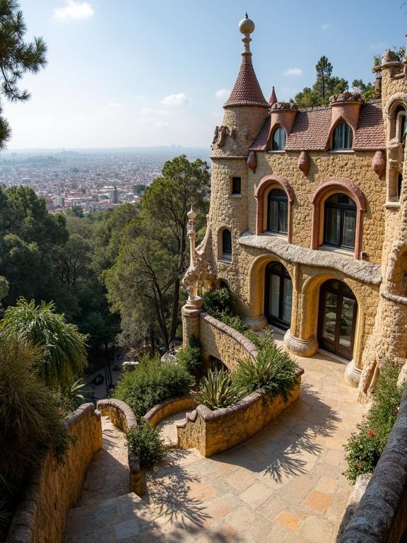Famous landmark Park Güell designed by Antoni Gaudí. Contains colorful mosaics and extraordinary buildings. Public park in Barcelona showcasing Catalan Modernism. Surrounded by trees and natural landscape with a view of the city.