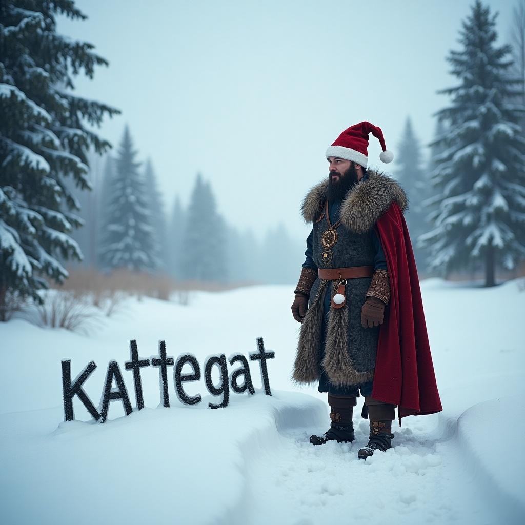 Viking in Santa hat stands in snow beside name written in the snow.