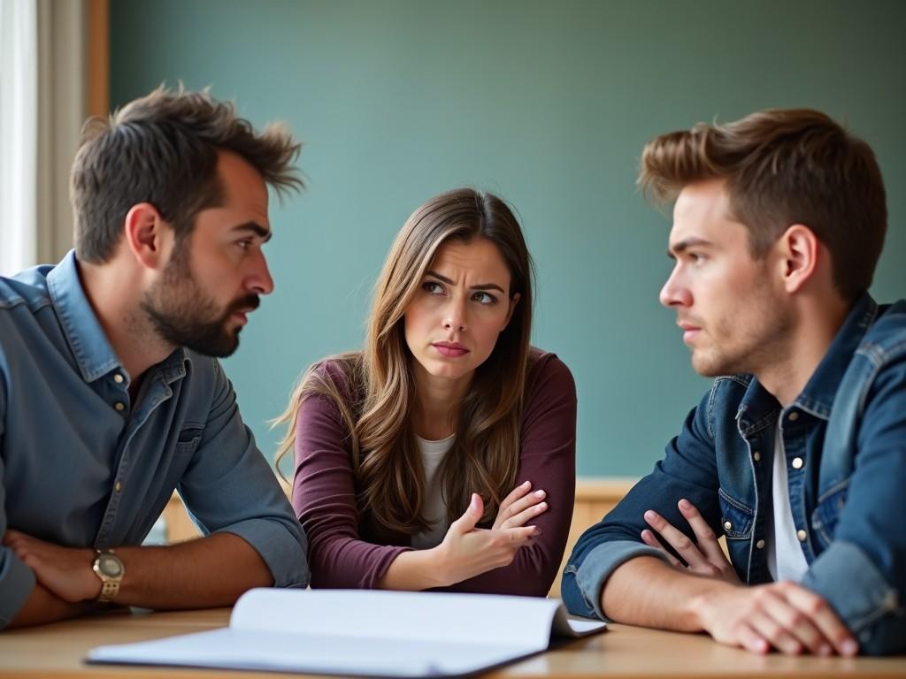 The image captures a tense moment among three individuals in a meeting setting. Two men face each other with serious expressions, while a woman in between looks concerned and is gesturing expressively. The background is a subtle green, adding to the mood of the interaction. The scene suggests a dialogue that may involve conflict or disagreement. The composition emphasizes the dynamics of conversation and the emotions involved in resolving differences.