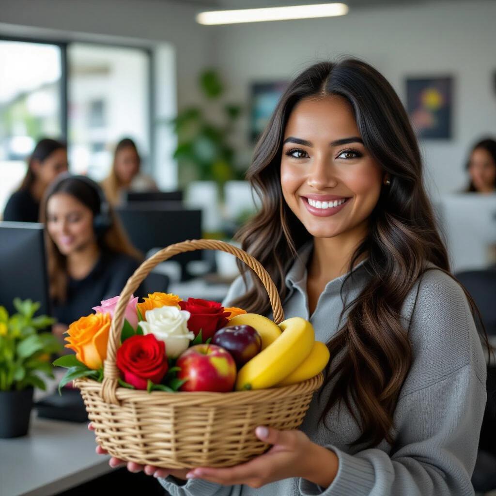Photograph shows a woman with indigenous Colombian features holding a basket. The basket contains colorful fruits and flowers. A busy office environment appears in the background. Multiple people work at desks in the office setting. The scene conveys a sense of a vibrant and warm workplace.  